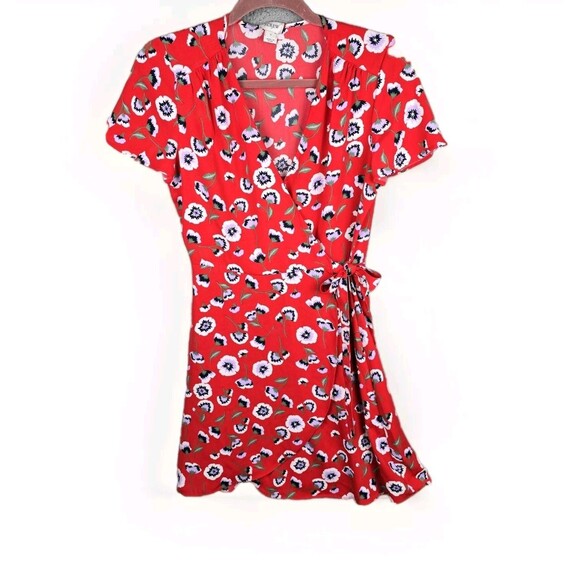 J Crew Wrap Dress Womens 2 Red White Floral V Neck Short Flirty Tie Colorful - Picture 13 of 13